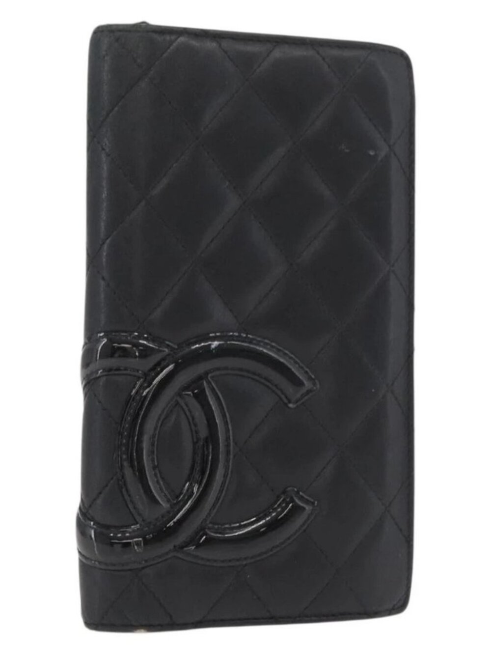 CHANEL Cambon Line Long Wallet Lamb Skin Black CC Auth 176412